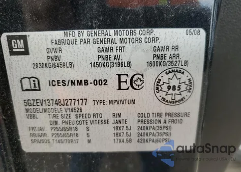 2008 Saturn Outlook Xe from USA, damaged, VIN 5GZEV13748J277177